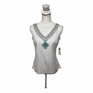 Carole Little White Blue Brown Tank Top Embellishments Women Small 100% Linen